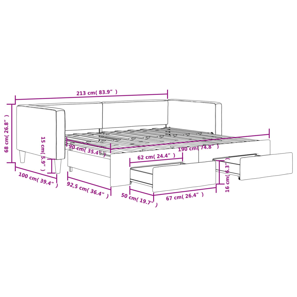 Daybed with Trundle&Drawers without Mattress Light Grey 90x190 cm Single