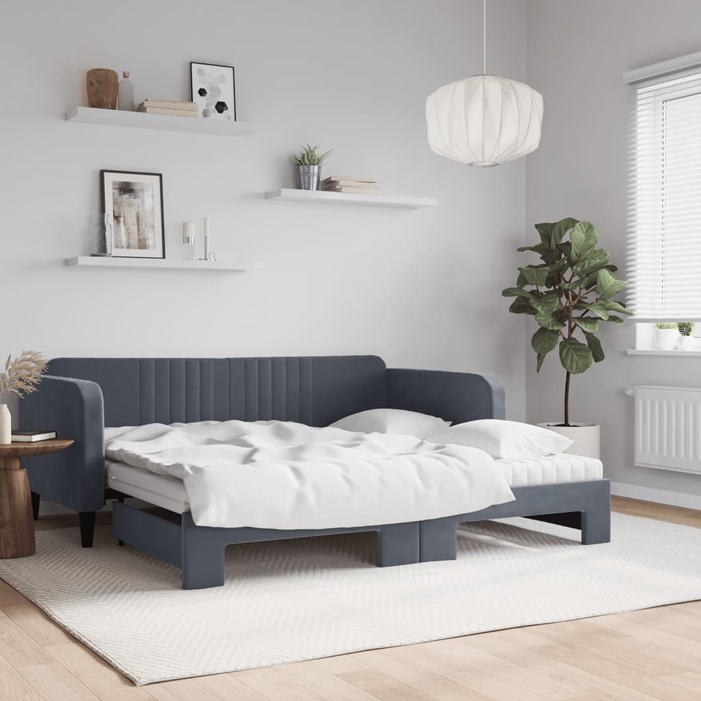 Daybed with Trundle and Mattresses Dark Grey 90x190 cm Velvet