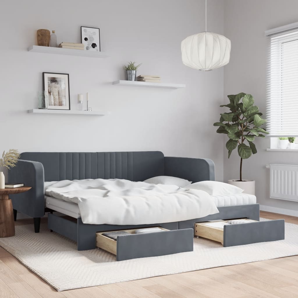 Daybed with Trundle and Drawers Dark Grey 90x190 cm Velvet
