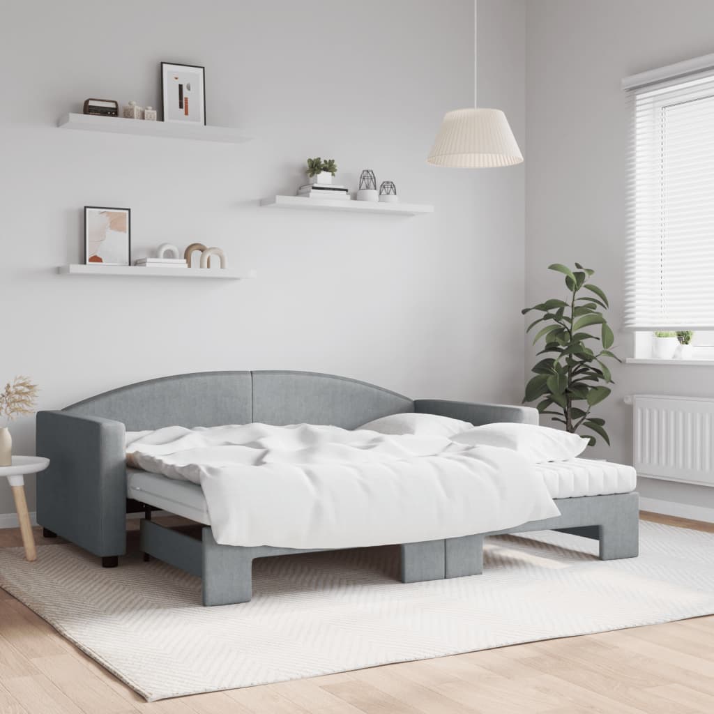 Daybed with Trundle and Mattresses Light Grey 90x190 cm Fabric
