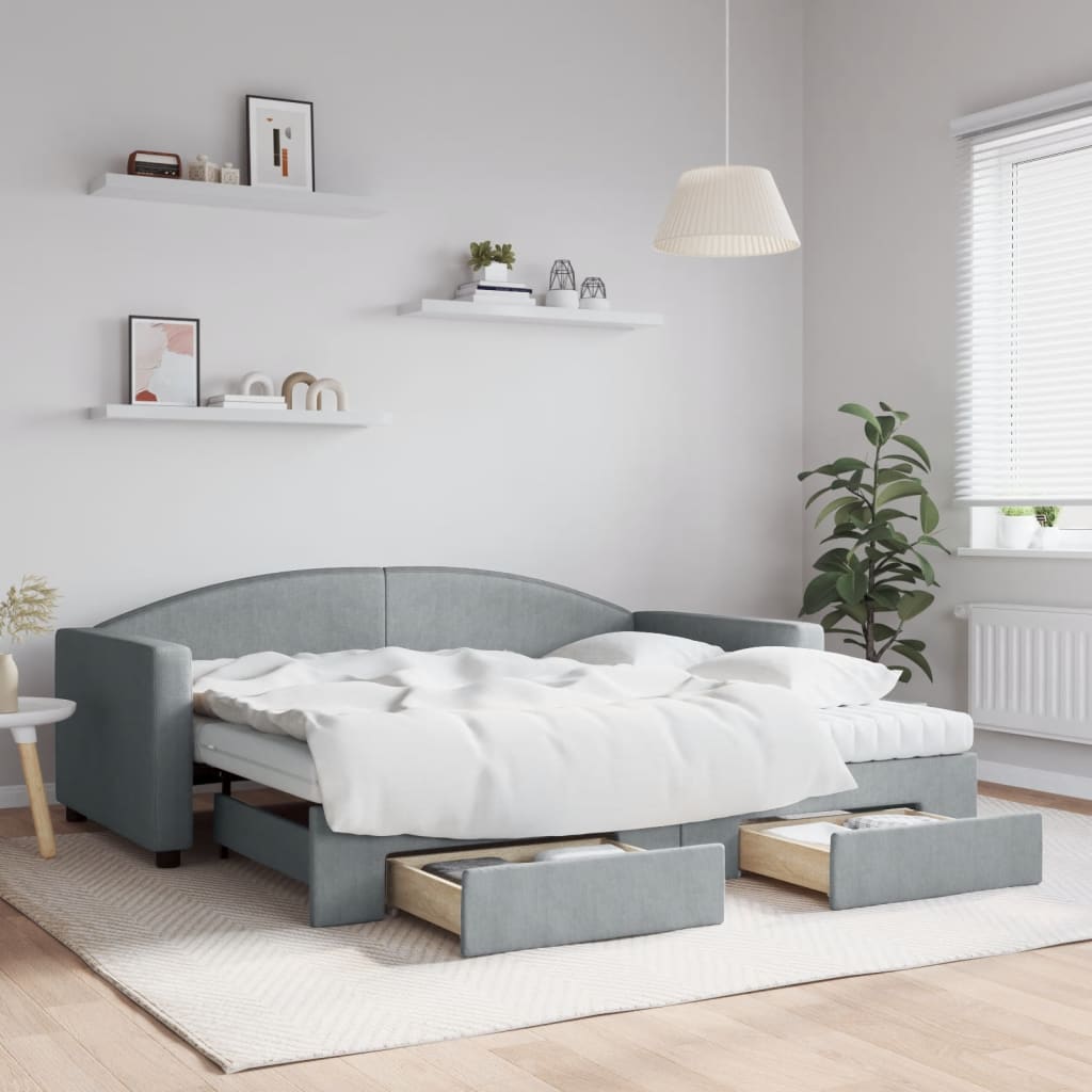 Daybed with Trundle and Drawers Light Grey 90x190 cm Fabric