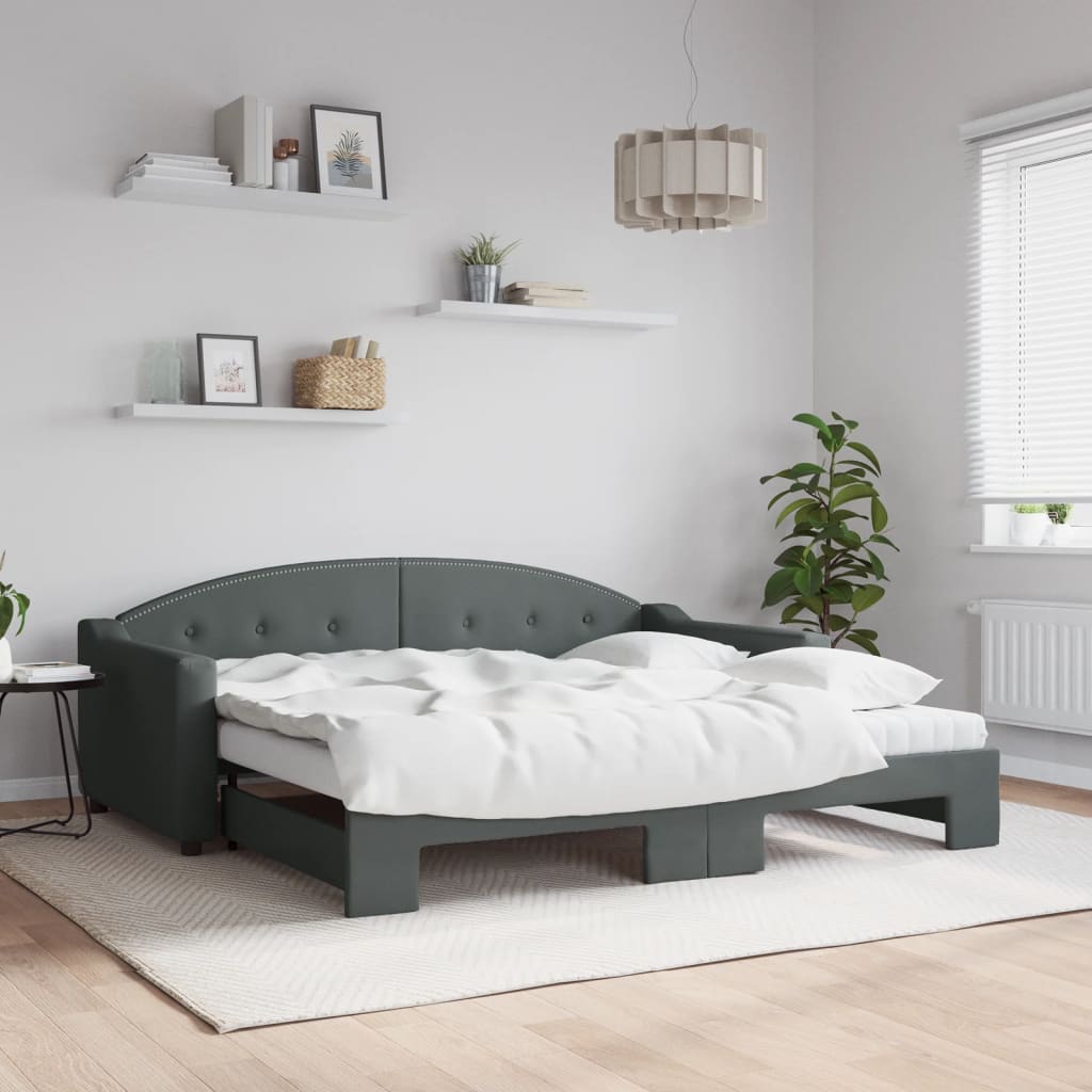 Daybed with Trundle and Mattresses Dark Grey 90x190 cm Fabric