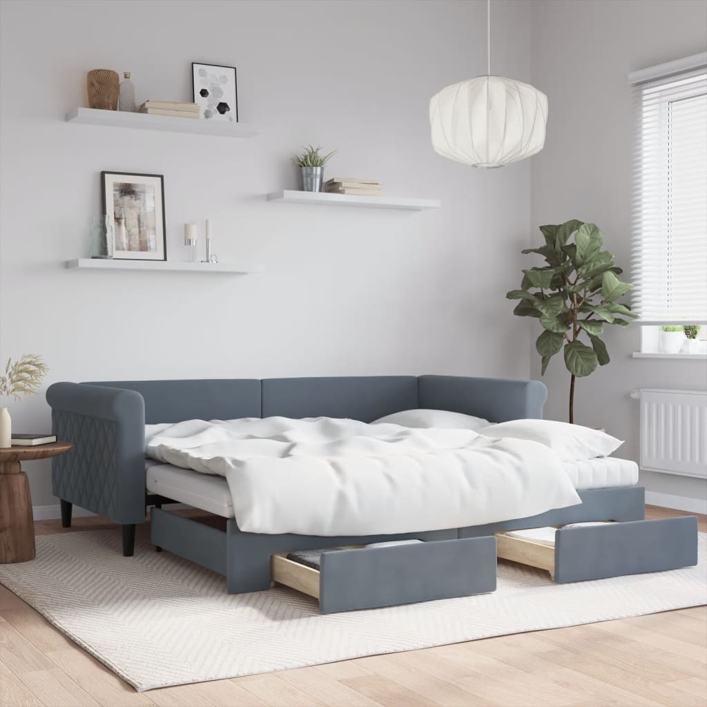 Daybed with Trundle and Drawers Dark Grey 90x190 cm Velvet