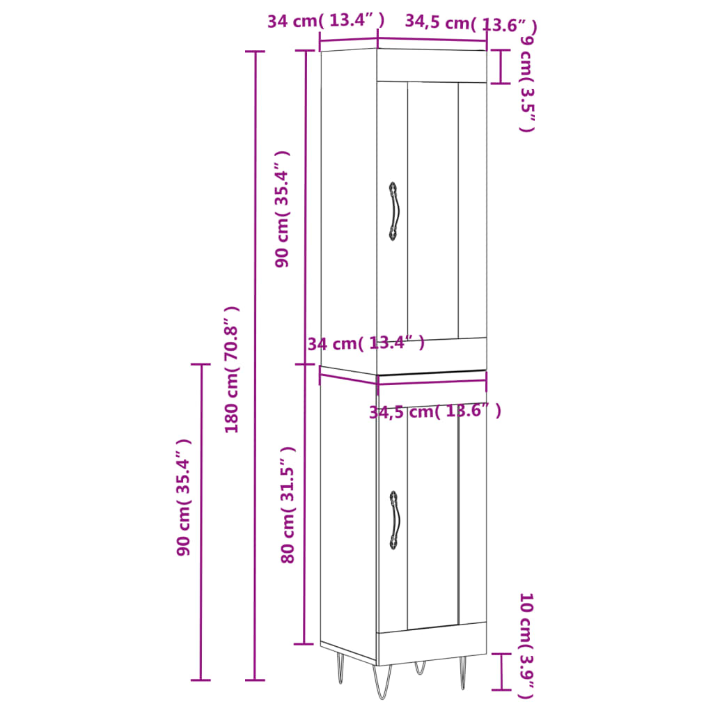 vidaXL Highboard Black 34.5x34x180 cm Engineered Wood