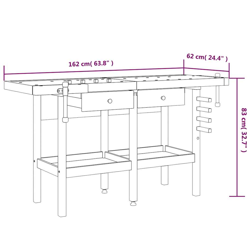 Workbench with Drawers and Vices 162x62x83 cm Solid Wood Acacia