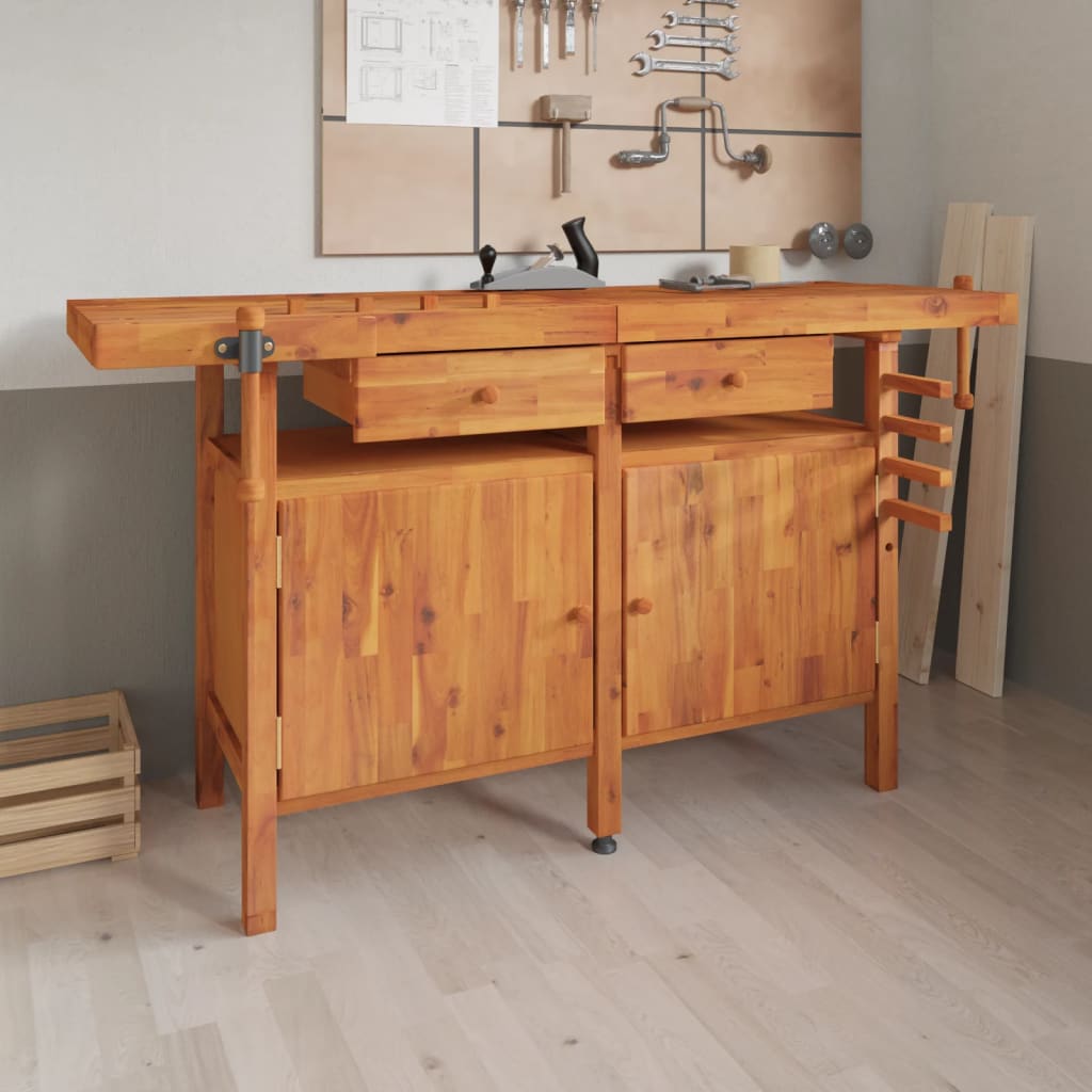 vidaXL Workbench with Drawers and Vices 162x62x83 cm Solid Wood Acacia