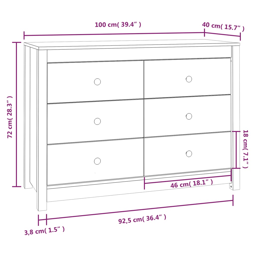 Bijzetkast zwart 100x40x72 cm massief grenenhout