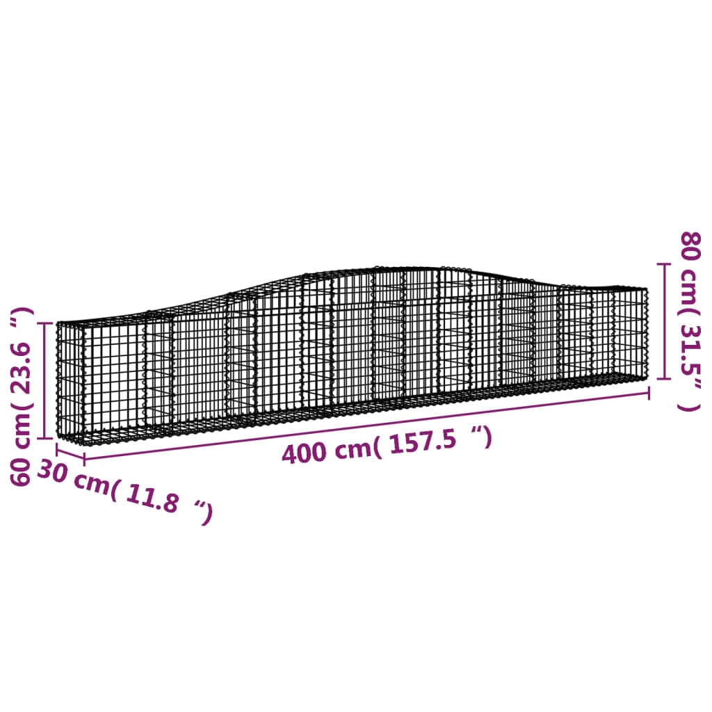 vidaXL Arched Gabion Baskets 2 pcs 400x30x60/80 cm Galvanised Iron