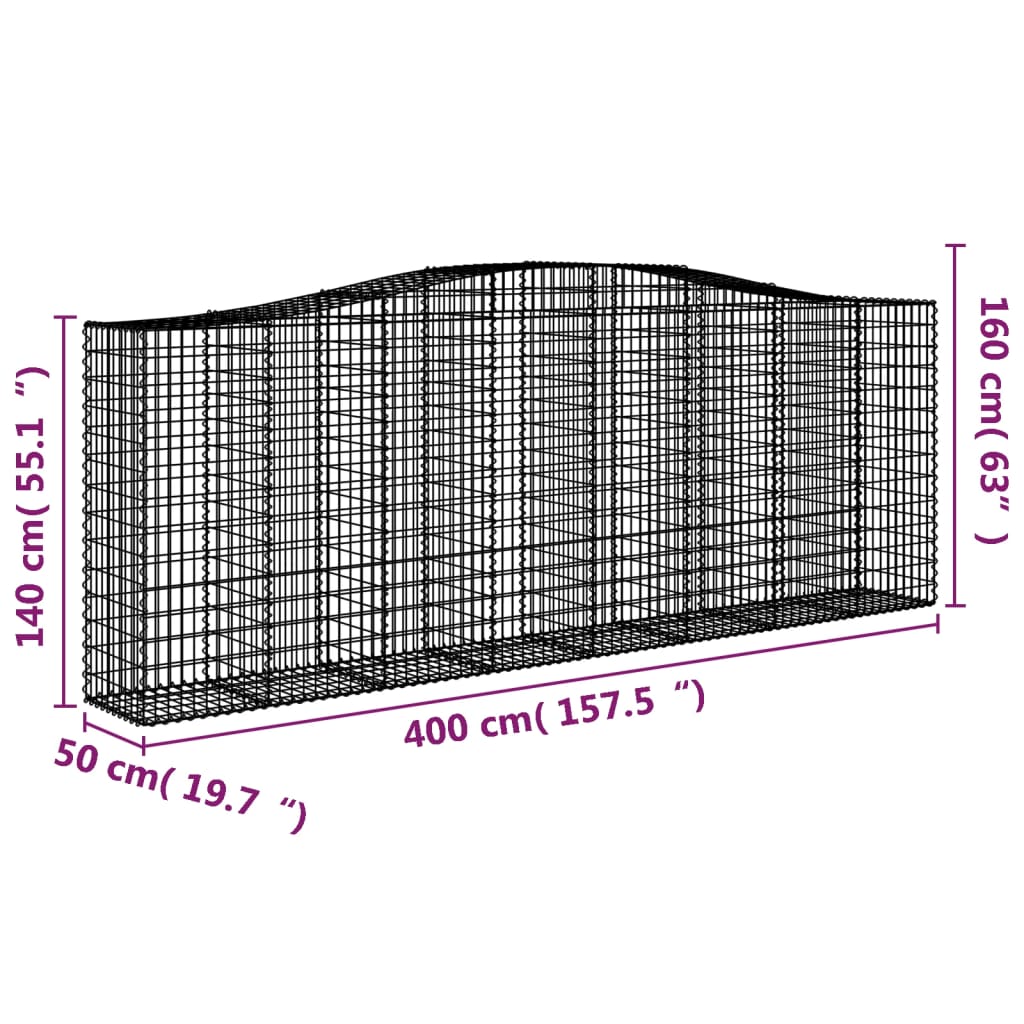 vidaXL Arched Gabion Baskets 2 pcs 400x50x140/160 cm Galvanised Iron