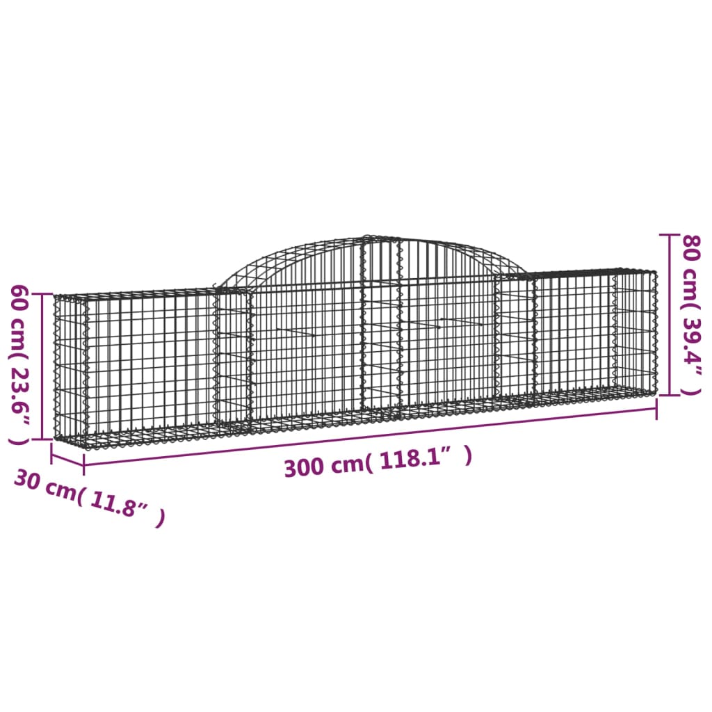 vidaXL Arched Gabion Baskets 15 pcs 300x30x60/80 cm Galvanised Iron