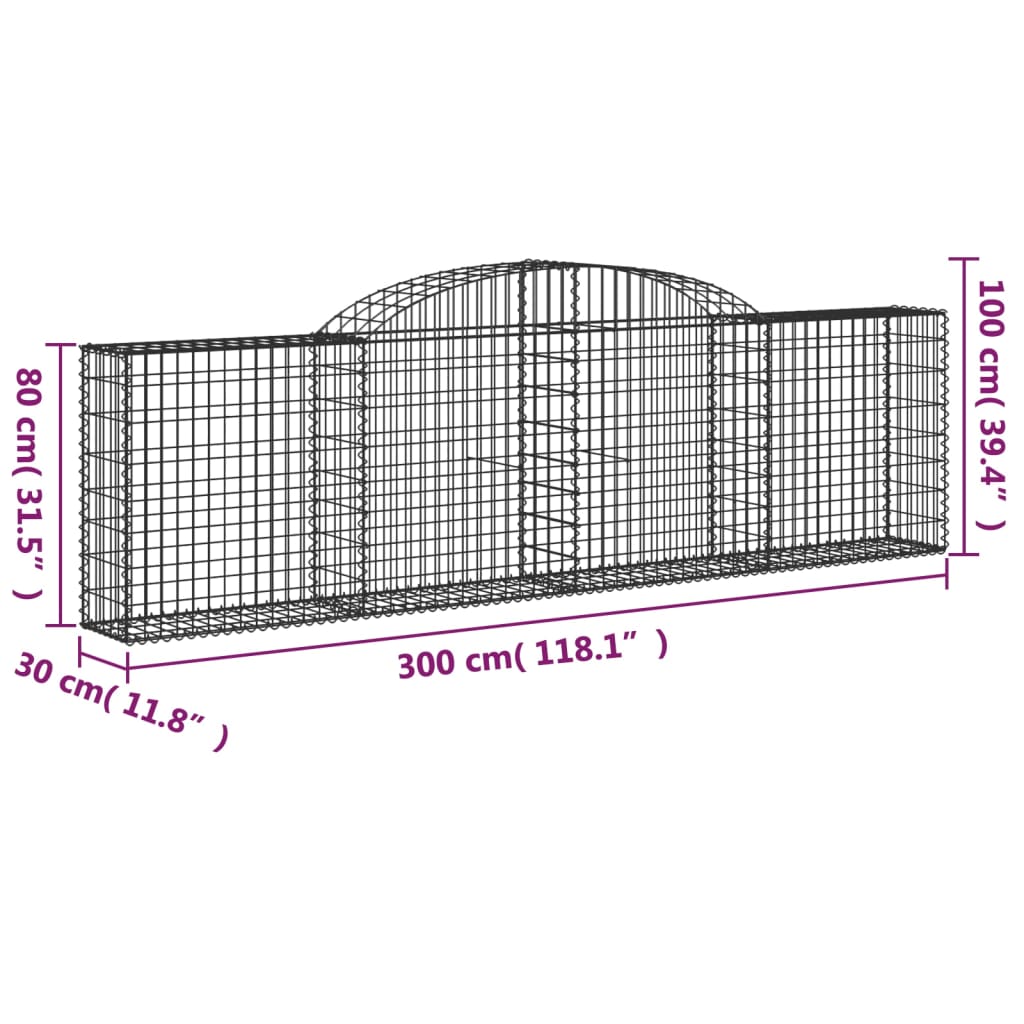 vidaXL Arched Gabion Baskets 2 pcs 300x30x80/100 cm Galvanised Iron