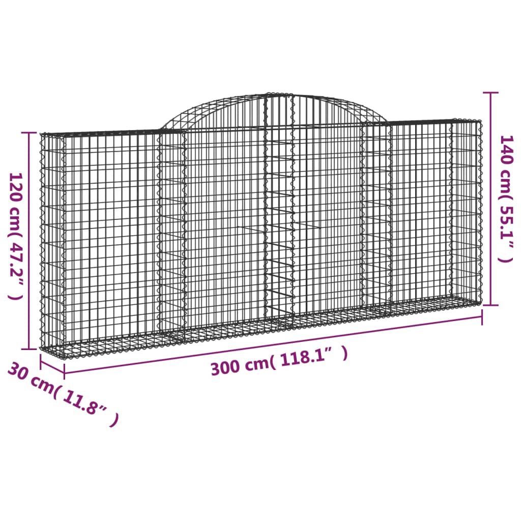 vidaXL Arched Gabion Baskets 3 pcs 300x30x120/140 cm Galvanised Iron