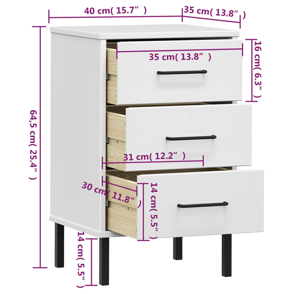 Bedside Cabinet with Metal Legs White Solid Wood Pine "OSLO