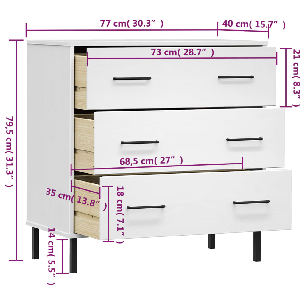 vidaXL Sideboard with 3 Drawers White 77x40x79.5 cm Solid Wood OSLO