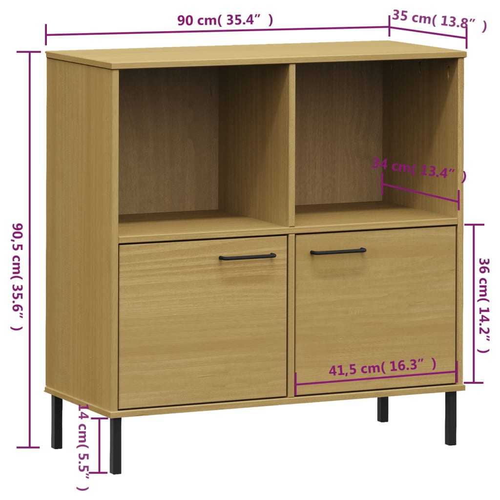 Bookcase with Metal Legs Brown 90x35x90.5 cm Solid Wood OSLO