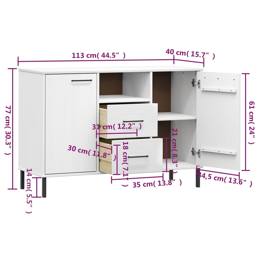 Sideboard with Metal Legs White 113x40x77 cm Solid Wood OSLO