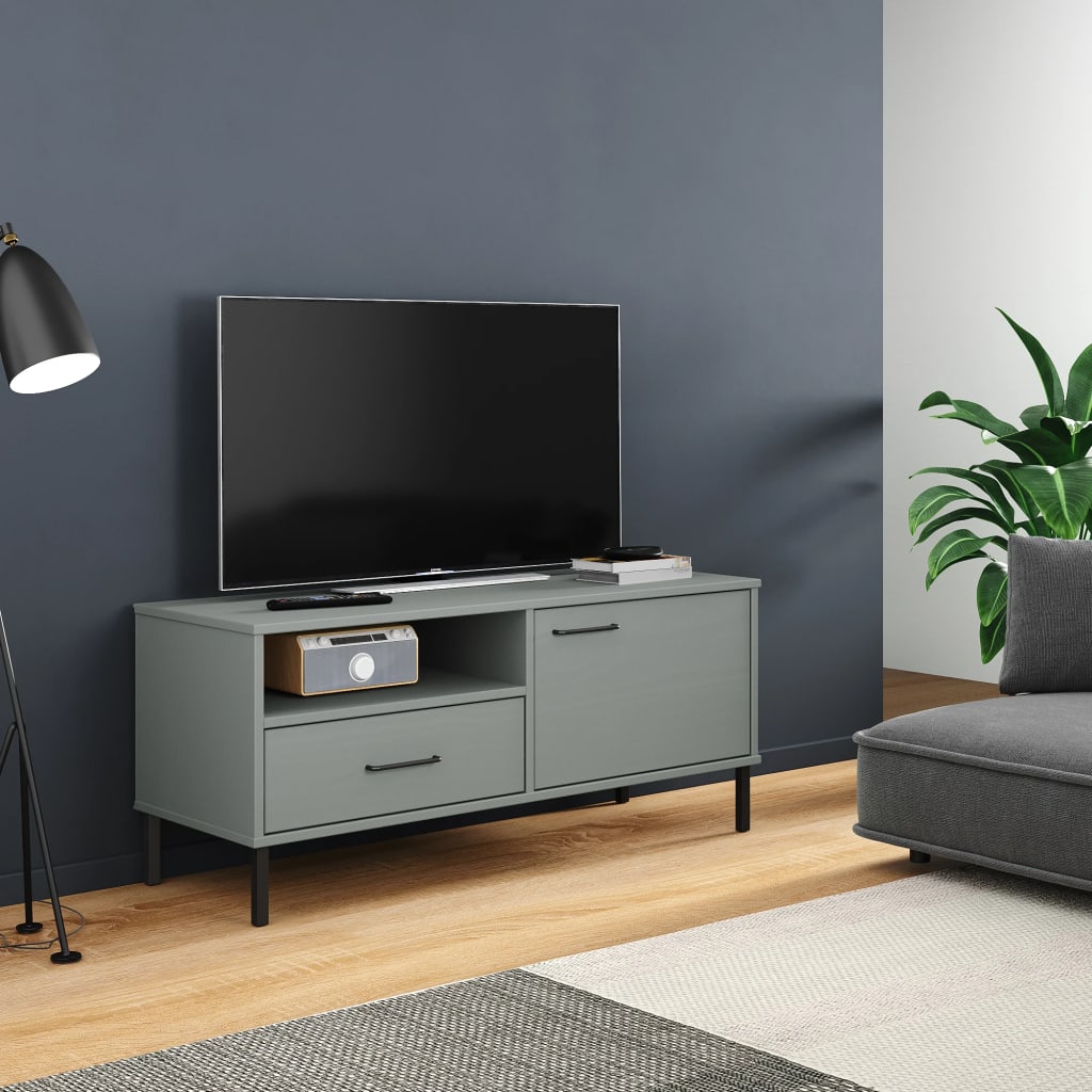 TV Cabinet with Metal Legs Grey Solid Wood Pine "OSLO