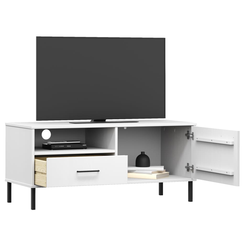 TV Cabinet with Metal Legs White Solid Wood Pine "OSLO