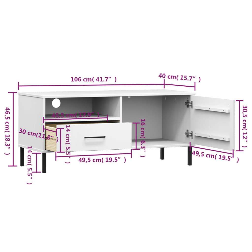 vidaXL TV Cabinet with Metal Legs White Solid Wood Pine OSLO