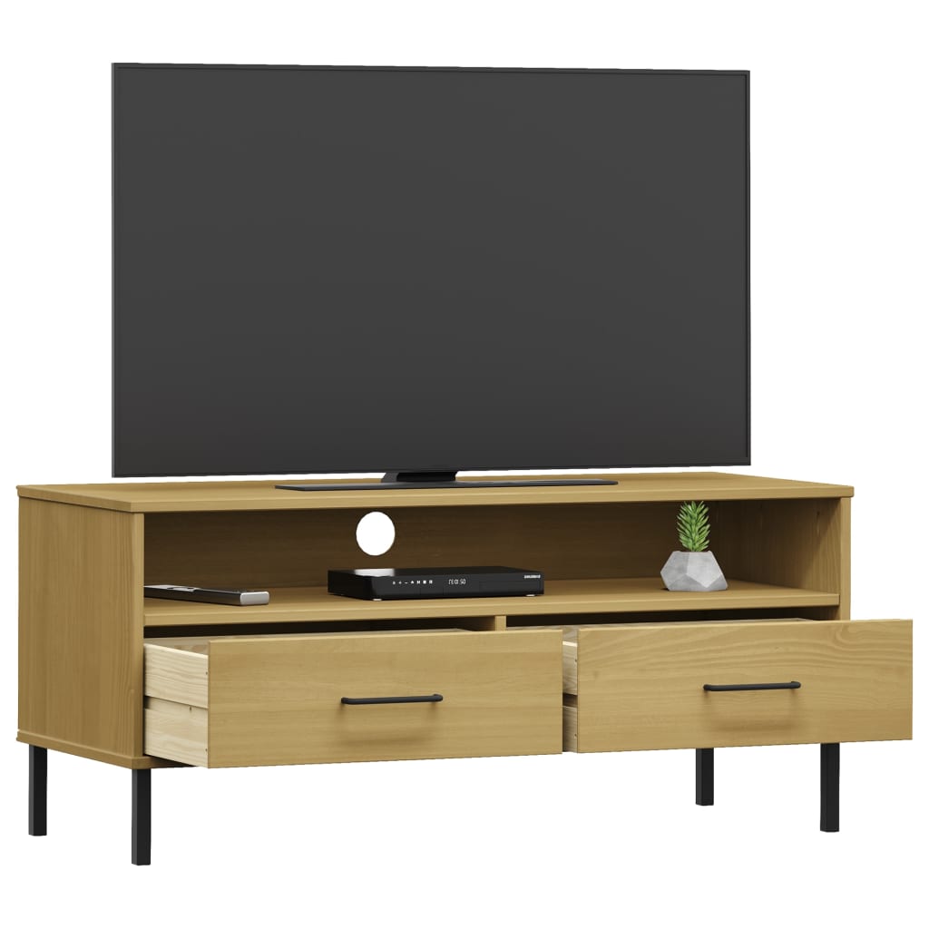 TV Cabinet with Metal Legs Brown Solid Wood Pine "OSLO