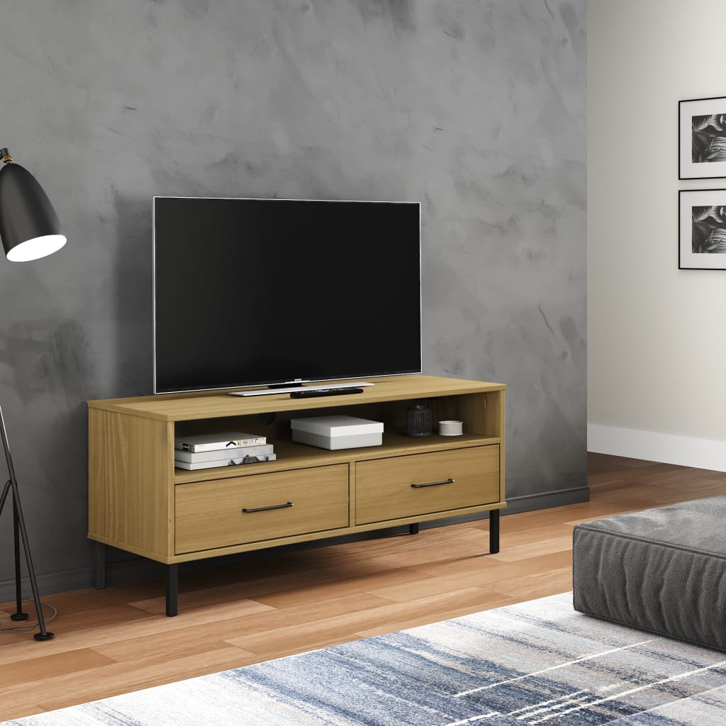 vidaXL TV Cabinet with Metal Legs Brown Solid Wood Pine OSLO