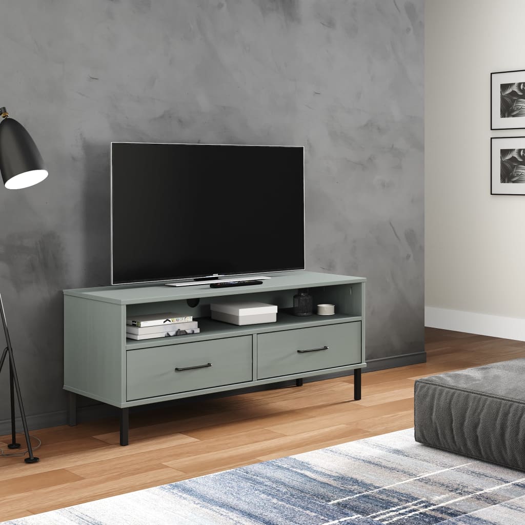 TV Cabinet with Metal Legs Grey Solid Wood Pine "OSLO