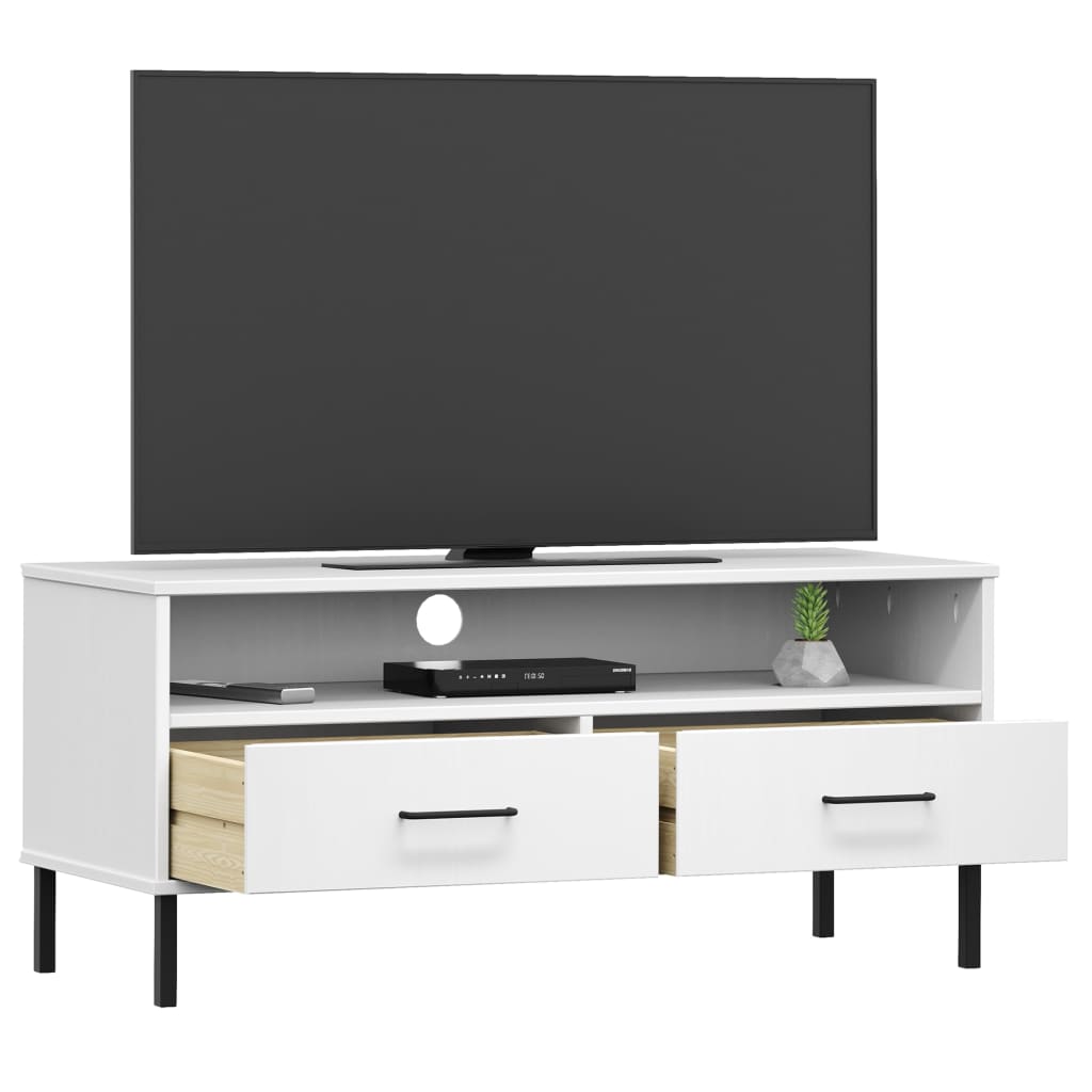 TV Cabinet with Metal Legs White Solid Wood Pine "OSLO