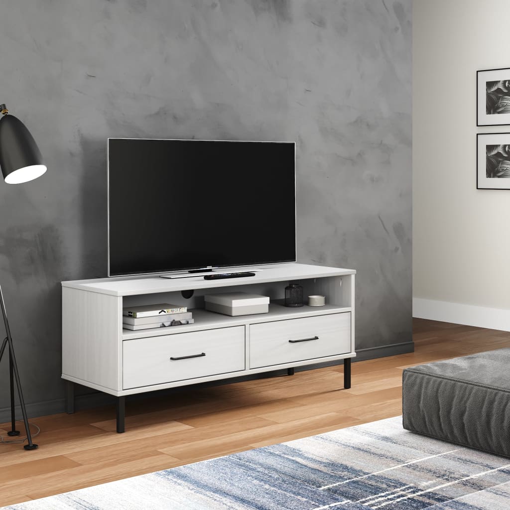 TV Cabinet with Metal Legs White Solid Wood Pine "OSLO