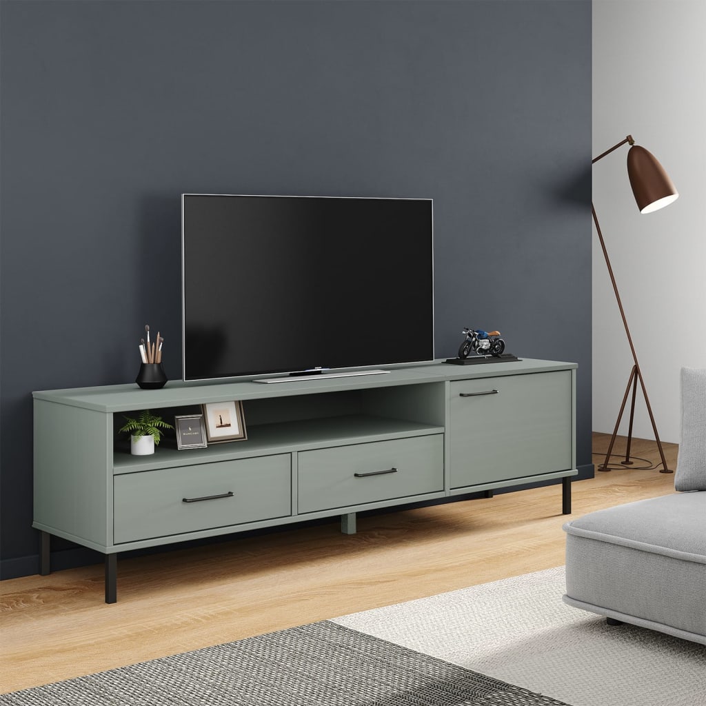 vidaXL TV Cabinet with Metal Legs Grey Solid Wood Pine OSLO