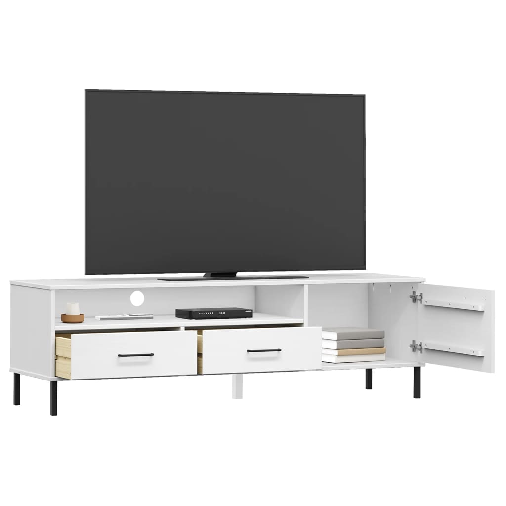 TV Cabinet with Metal Legs White Solid Wood Pine "OSLO
