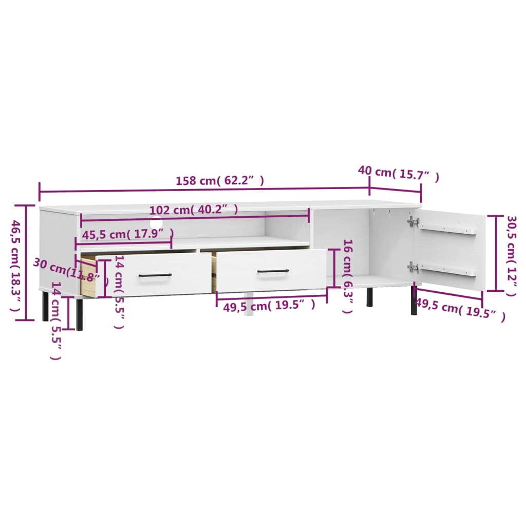 vidaXL TV Cabinet with Metal Legs White Solid Wood Pine OSLO