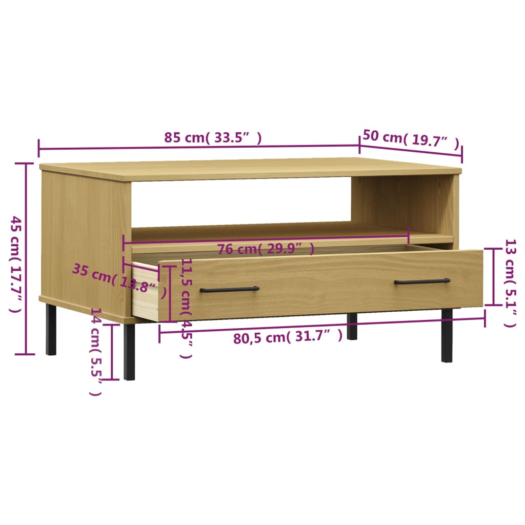 Coffee Table with Metal Legs Brown 85x50x45cm Solid Wood "OSLO