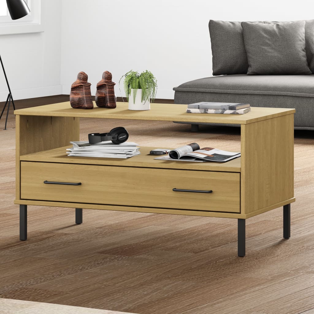 Coffee Table with Metal Legs Brown 85x50x45cm Solid Wood "OSLO