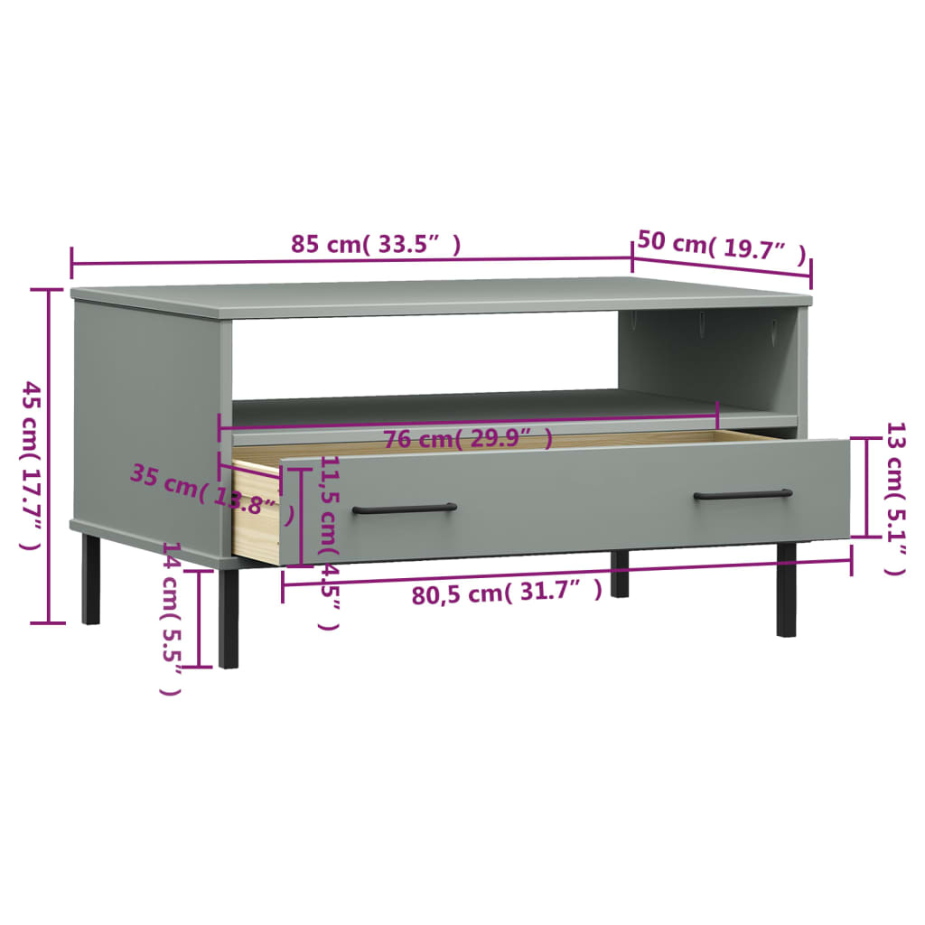 Coffee Table with Metal Legs Grey 85x50x45 cm Solid Wood "OSLO