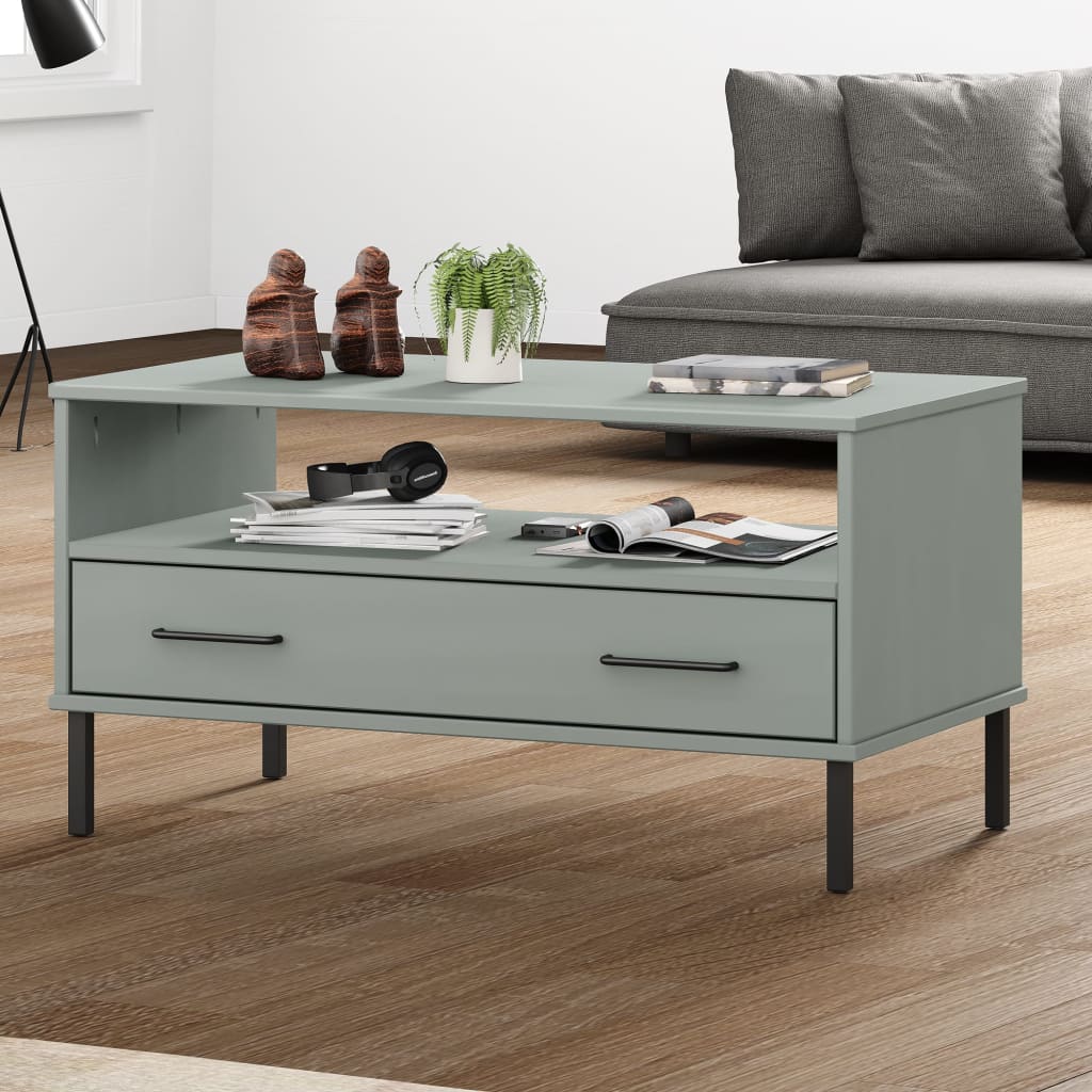 Coffee Table with Metal Legs Grey 85x50x45 cm Solid Wood "OSLO