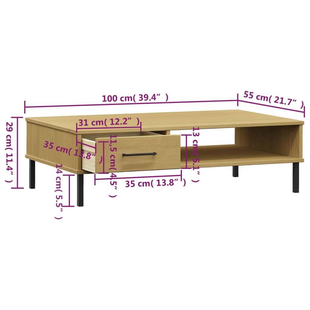 Coffee Table with Metal Legs Brown Solid Wood Pine "OSLO