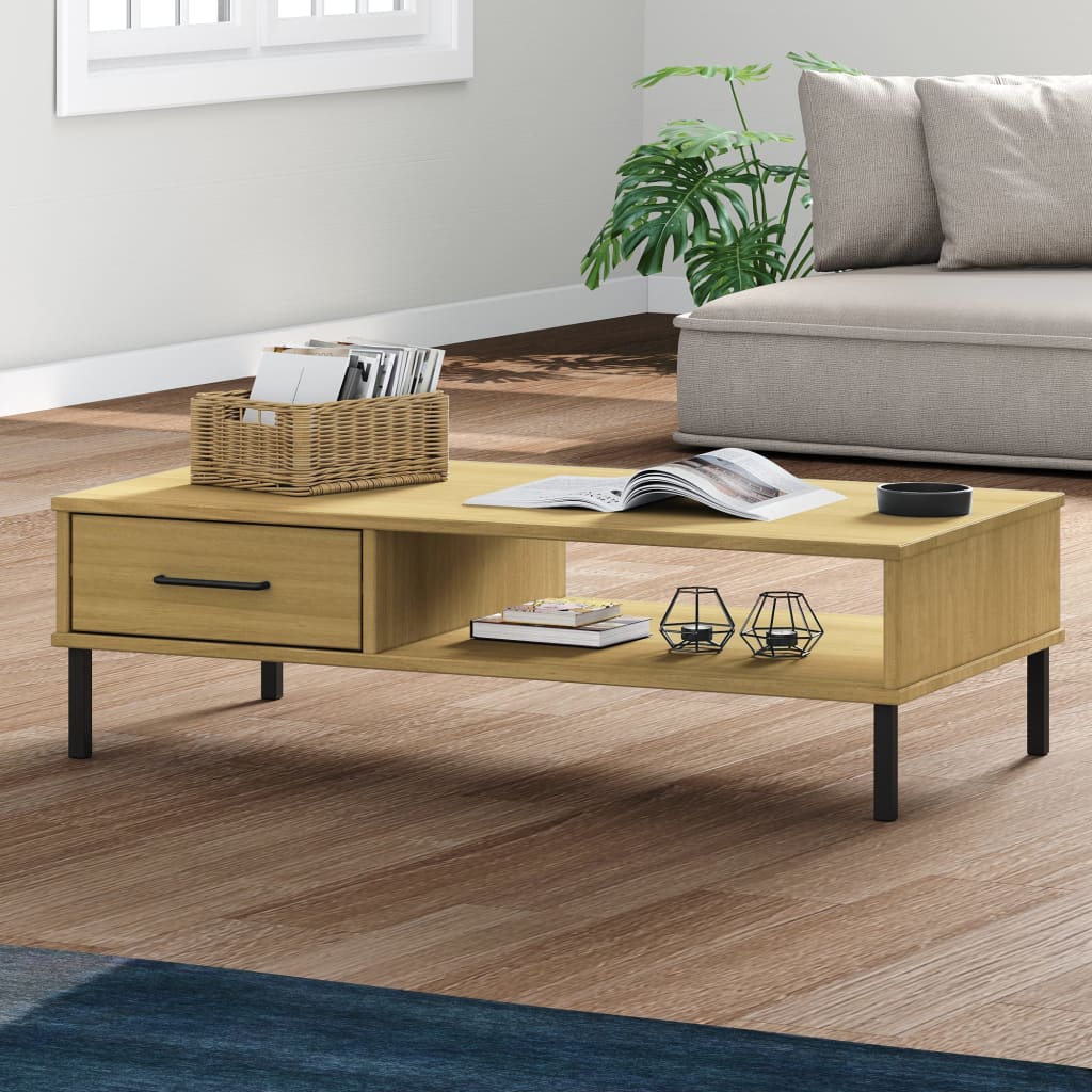 Coffee Table with Metal Legs Brown Solid Wood Pine "OSLO