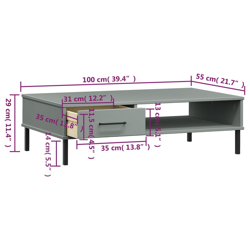 Coffee Table with Metal Legs Grey Solid Wood Pine "OSLO