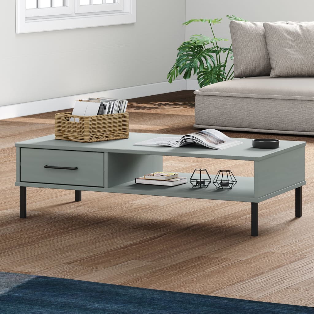 Coffee Table with Metal Legs Grey Solid Wood Pine "OSLO