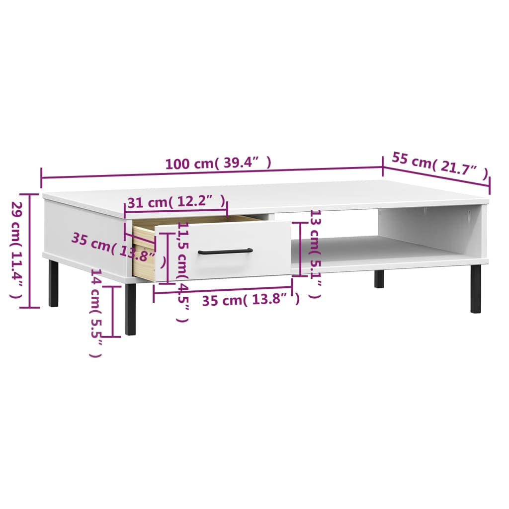 Coffee Table with Metal Legs White Solid Wood Pine "OSLO