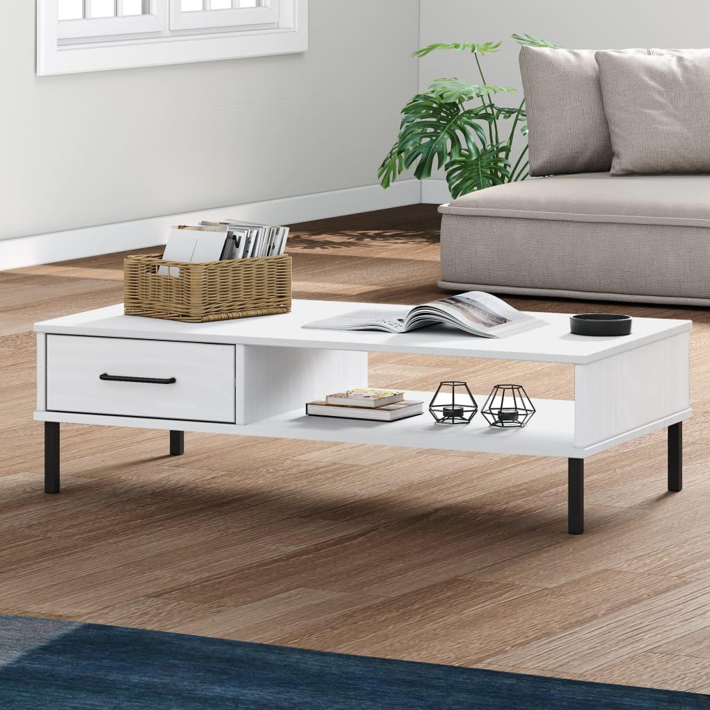 Coffee Table with Metal Legs White Solid Wood Pine "OSLO