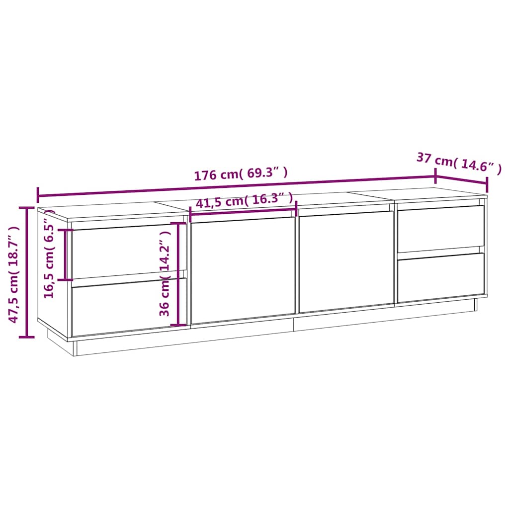 TV Cabinet White 176x37x47,5 cm Solid Wood Pine