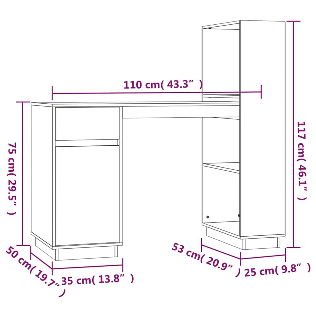 Desk White 110x53x117 cm Solid Wood Pine