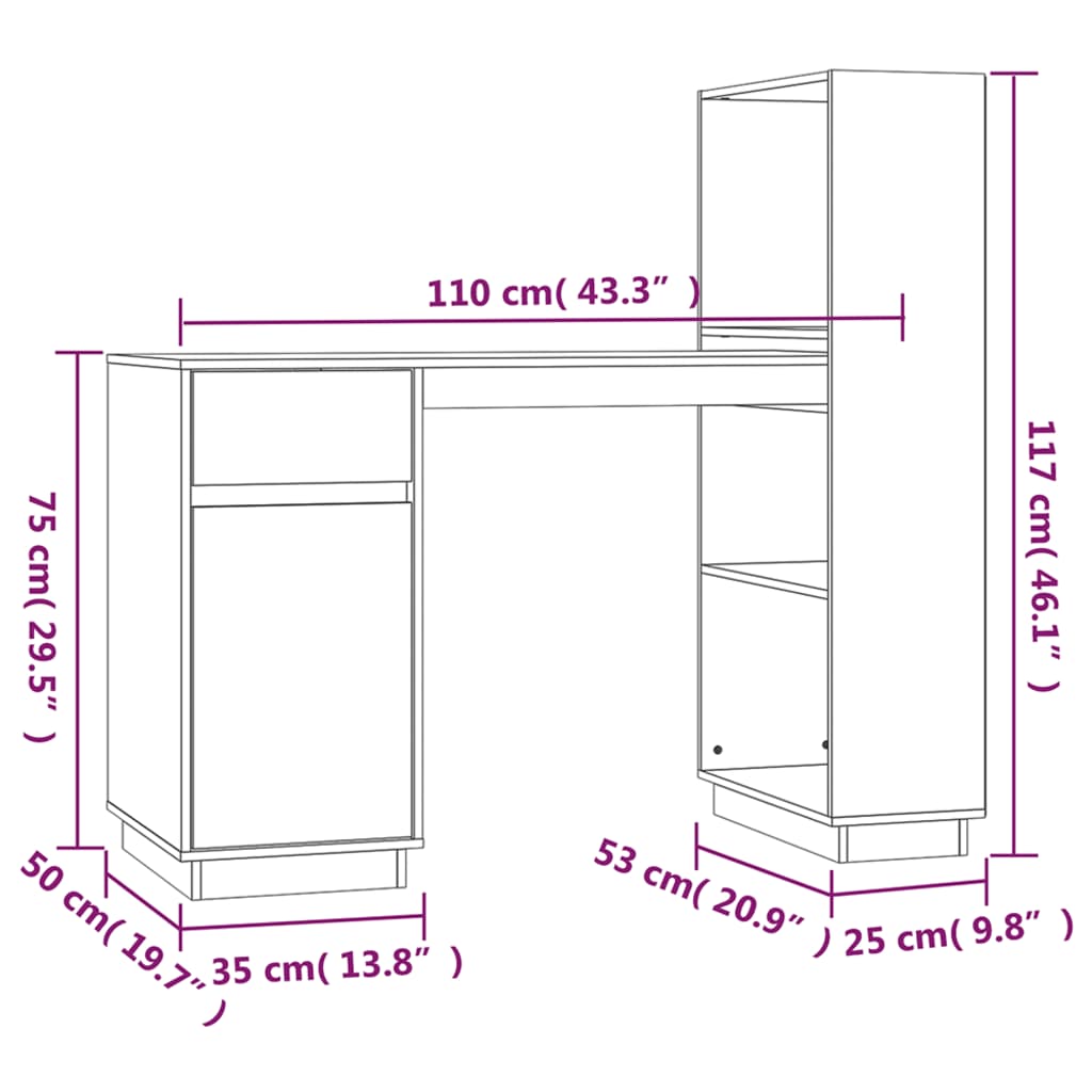 vidaXL Desk Honey Brown 110x53x117 cm Solid Wood Pine