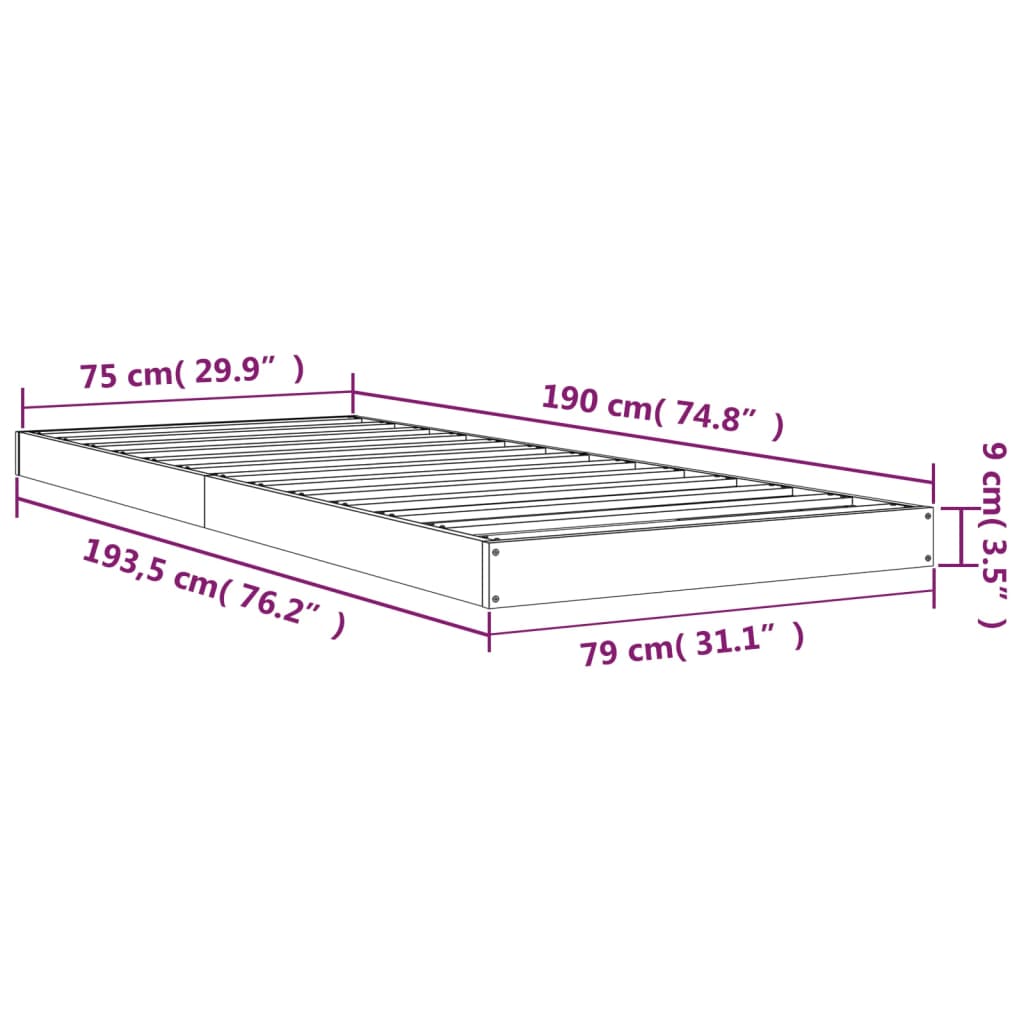 vidaXL Bed Frame without Mattress Grey 75x190 cm Small Single  Solid Wood Pine