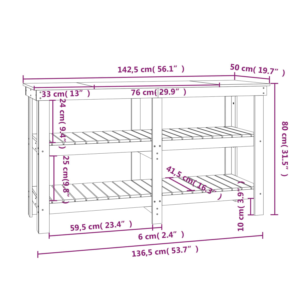 vidaXL Work Bench 142.5x50x80 cm Solid Wood Pine