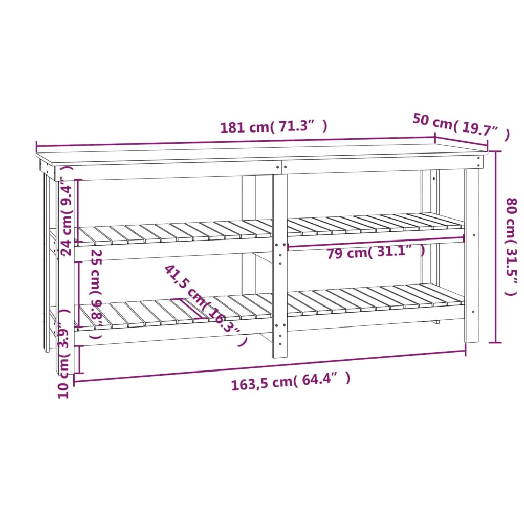 vidaXL Work Bench White 181x50x80 cm Solid Wood Pine