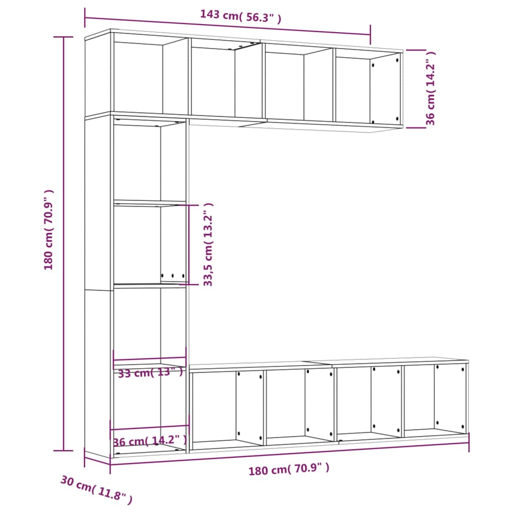 vidaXL 3 Piece Book/TV Cabinet Set Brown Oak 180x30x180 cm