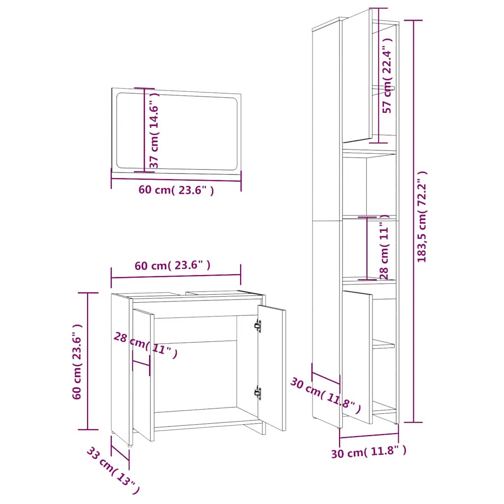 3 Piece Bathroom Furniture Set Grey Sonoma Engineered Wood