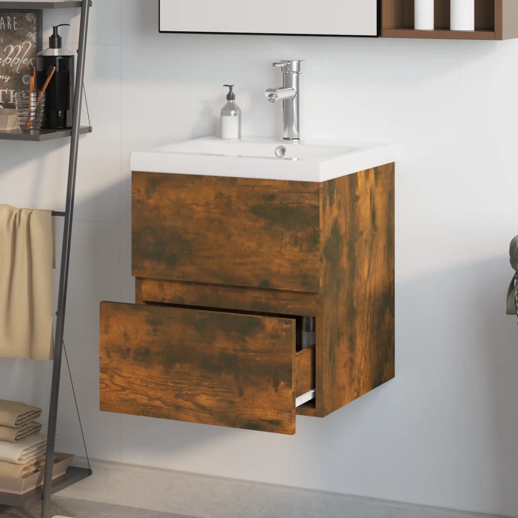 vidaXL Sink Cabinet with Built-in Basin Smoked Oak Engineered Wood